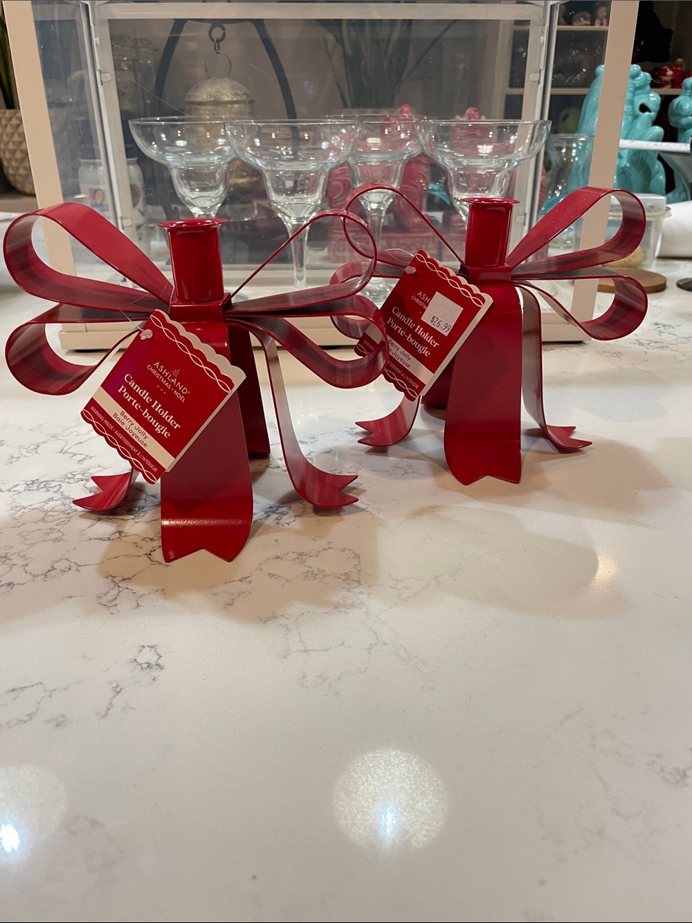 Metal Red Ribbon Bow Candle Holder (Set of 2)